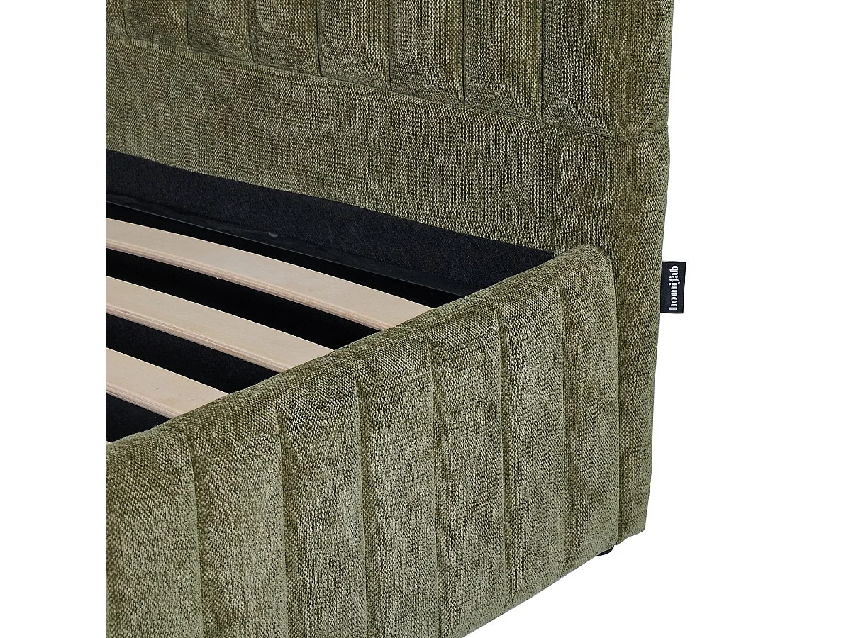 Lit coffre adulte 180x200 cm avec tête de lit capitonnée en tissu chenille vert kaki - Alto