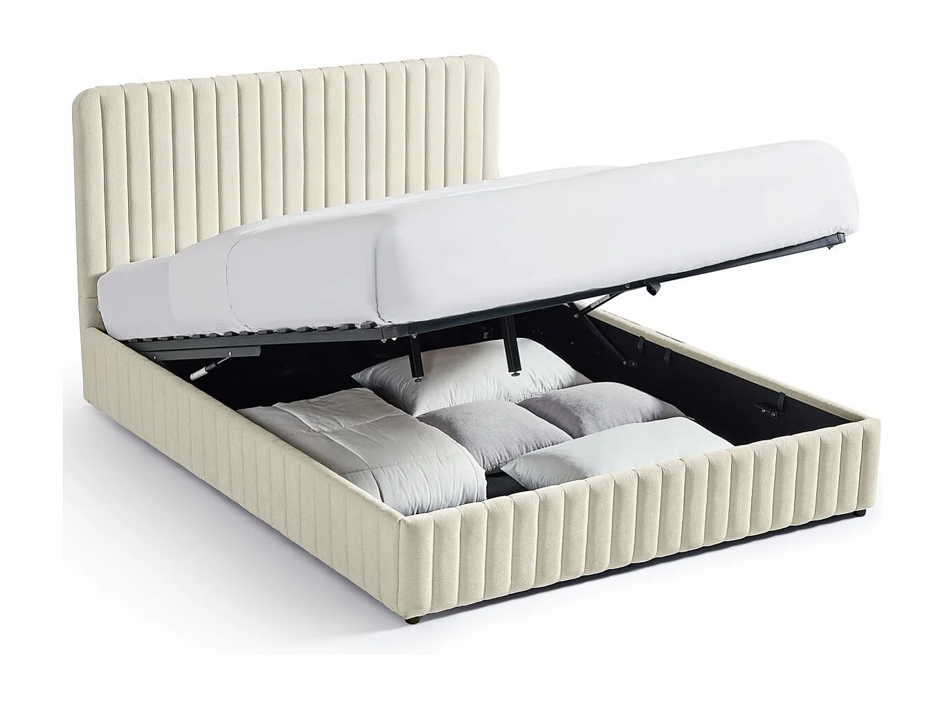 Lit coffre adulte 160x200 cm avec tête de lit capitonnée en tissu chenille beige - Alto