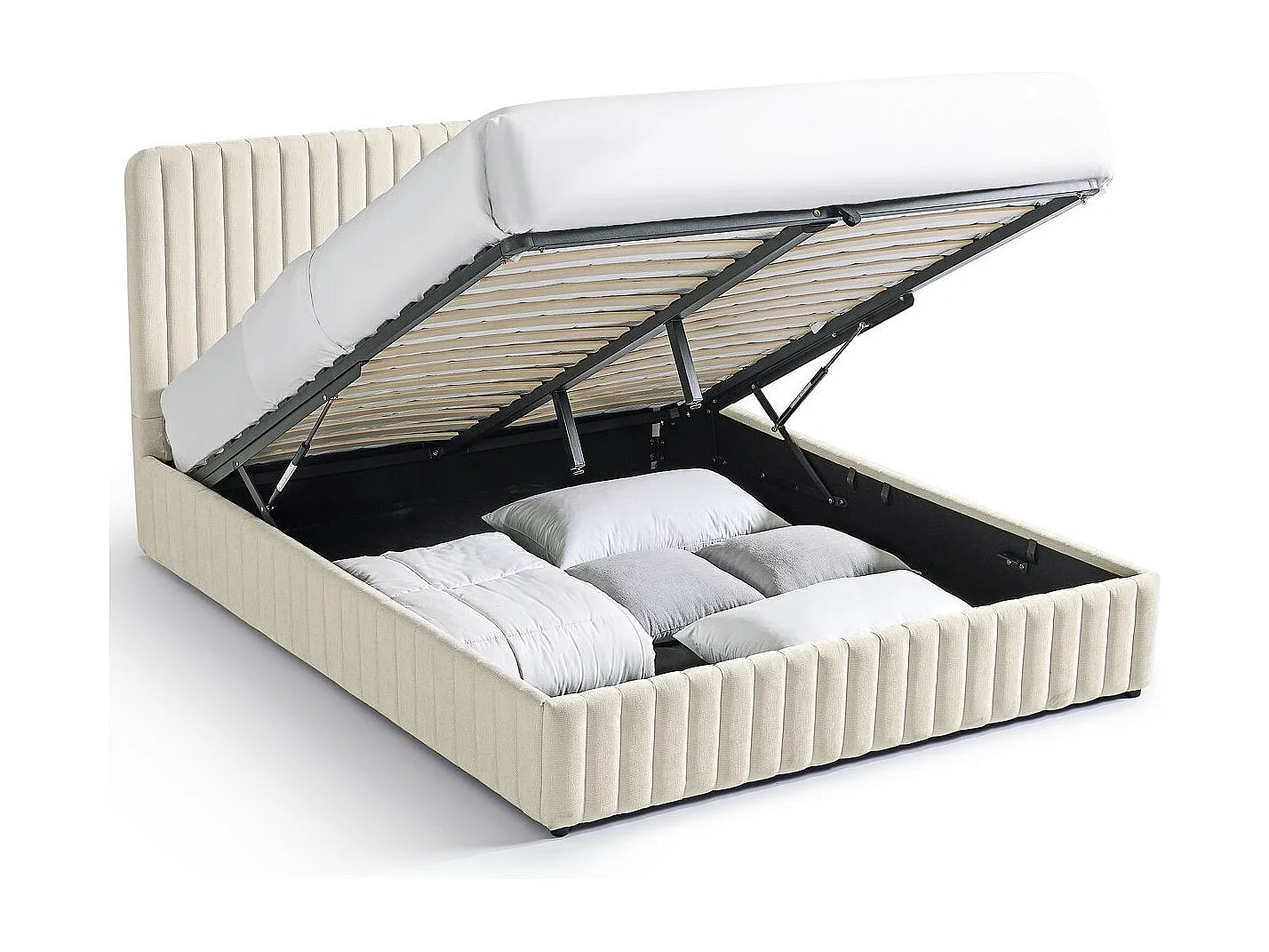 Lit coffre adulte 160x200 cm avec tête de lit capitonnée en tissu chenille beige - Alto