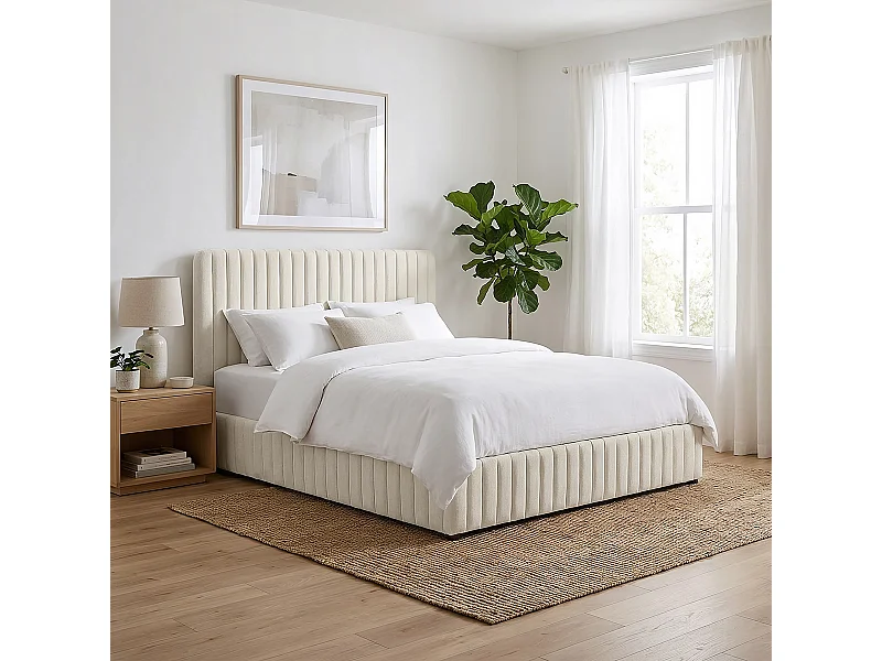 Lit coffre adulte 160x200 cm avec tête de lit capitonnée en tissu chenille beige - Alto