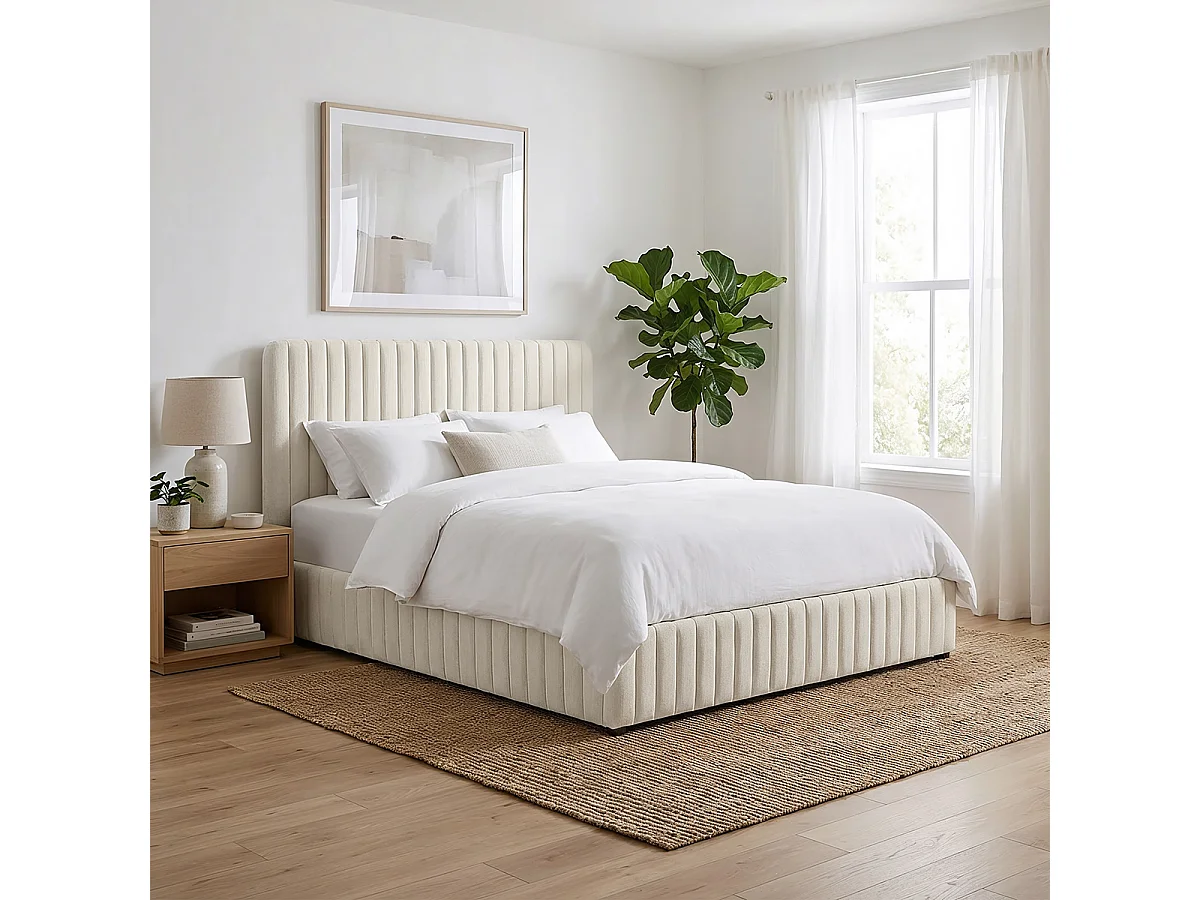 Lit coffre adulte 140x190 cm avec tête de lit capitonnée en tissu chenille beige - Alto