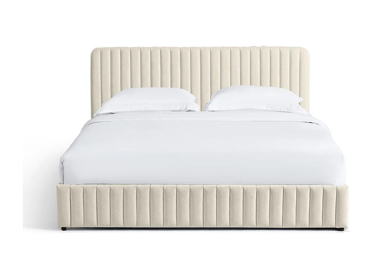 Lit coffre adulte 180x200 cm avec tête de lit capitonnée en tissu chenille beige - Alto