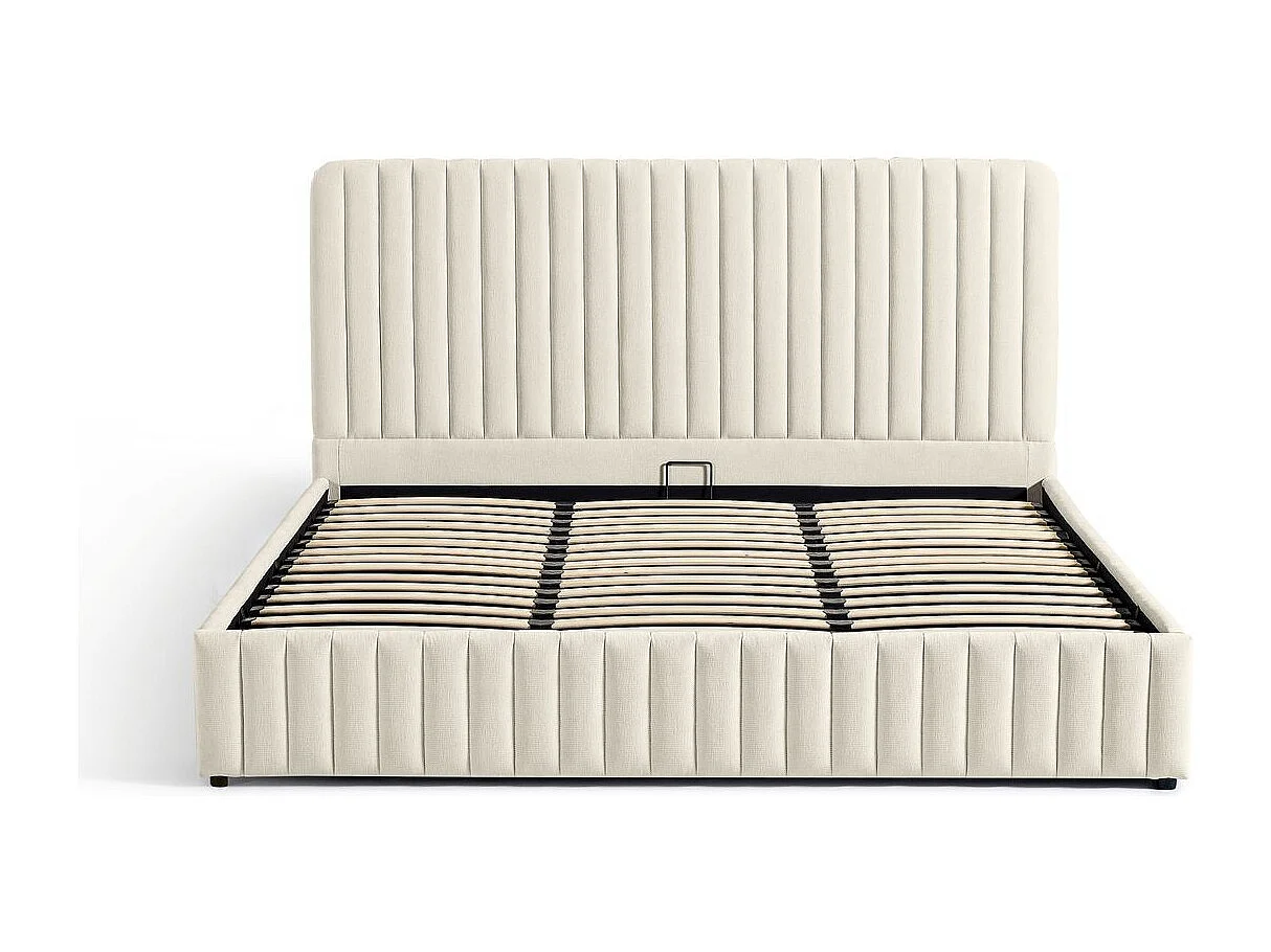 Lit coffre adulte 180x200 cm avec tête de lit capitonnée en tissu chenille beige - Alto