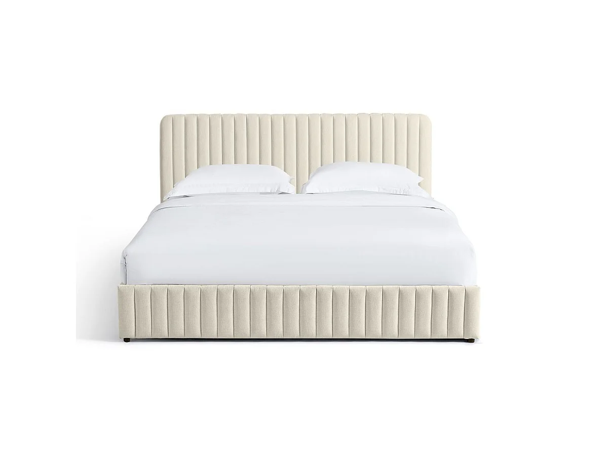 Lit coffre adulte 180x200 cm avec tête de lit capitonnée en tissu chenille beige - Alto