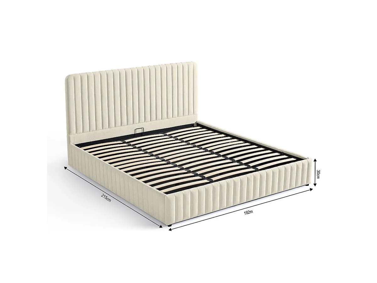 Lit coffre adulte 180x200 cm avec tête de lit capitonnée en tissu chenille beige - Alto