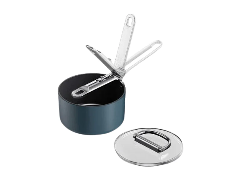 Kleine Joseph Joseph Space koekenpan 15 cm (1.4 qt), anti-aanbak, met inklapbare handgreep en deksel, geschikt voor inductie en oven tot 232°C.