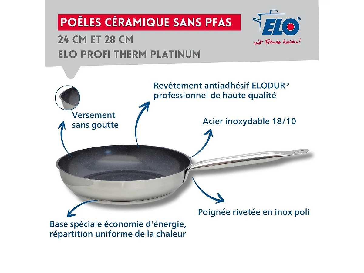 Set de 3 Poêles 24, 28 et 32 cm céramique sans PFAS Profi Therm Platinum Elo