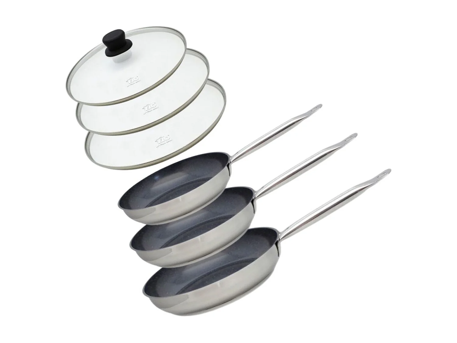 Set aus 3 Edelstahlpfannen 18/10 ELODUR® ohne PFAS Ø24-28-32 cm mit Glasdeckeln – Für alle Herdarten, Induktion, Kapselboden Eco