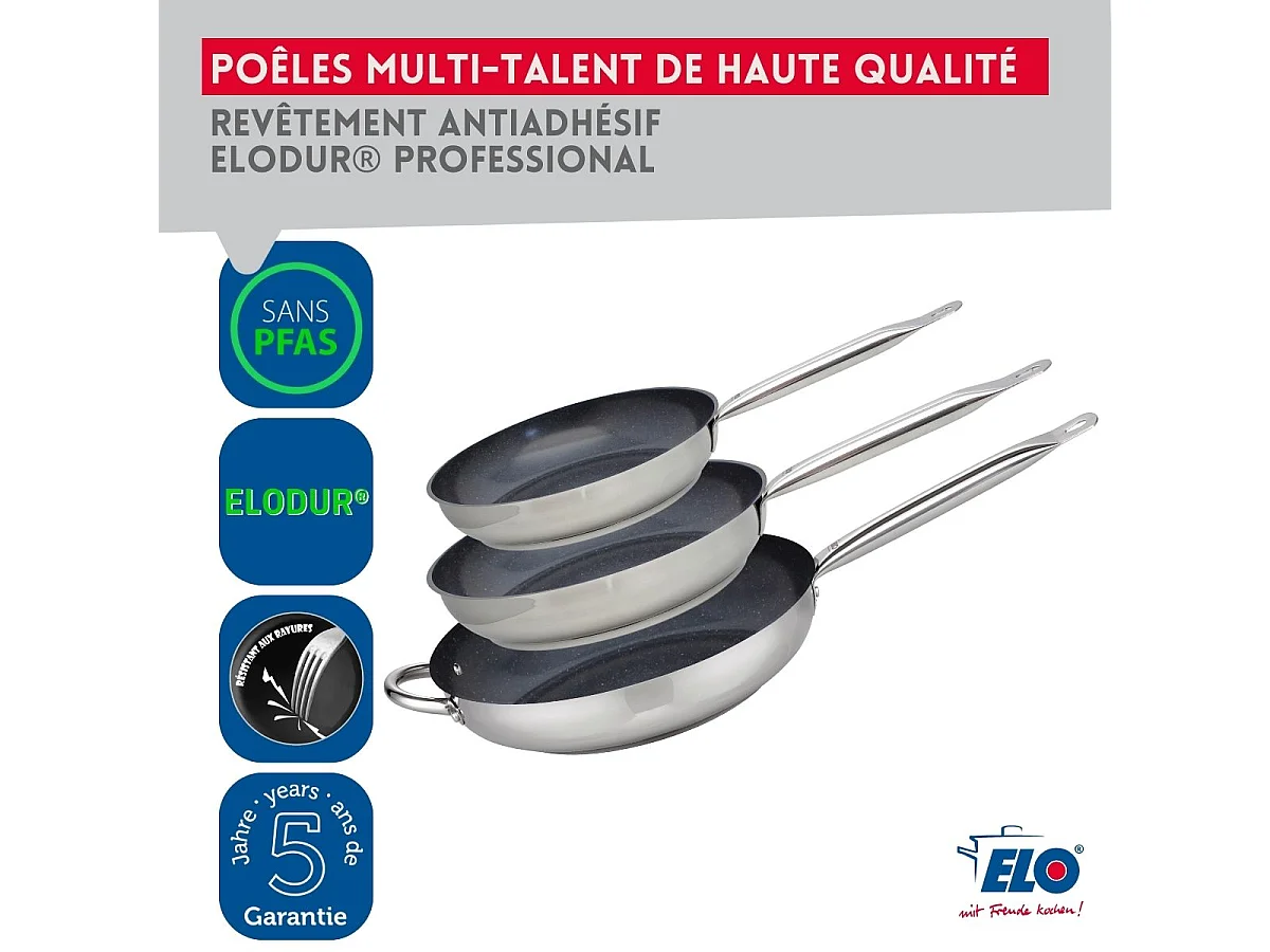 Set aus 3 Edelstahlpfannen 18/10 ELODUR® ohne PFAS Ø24-28-32 cm mit Glasdeckeln – Für alle Herdarten, Induktion, Kapselboden Eco