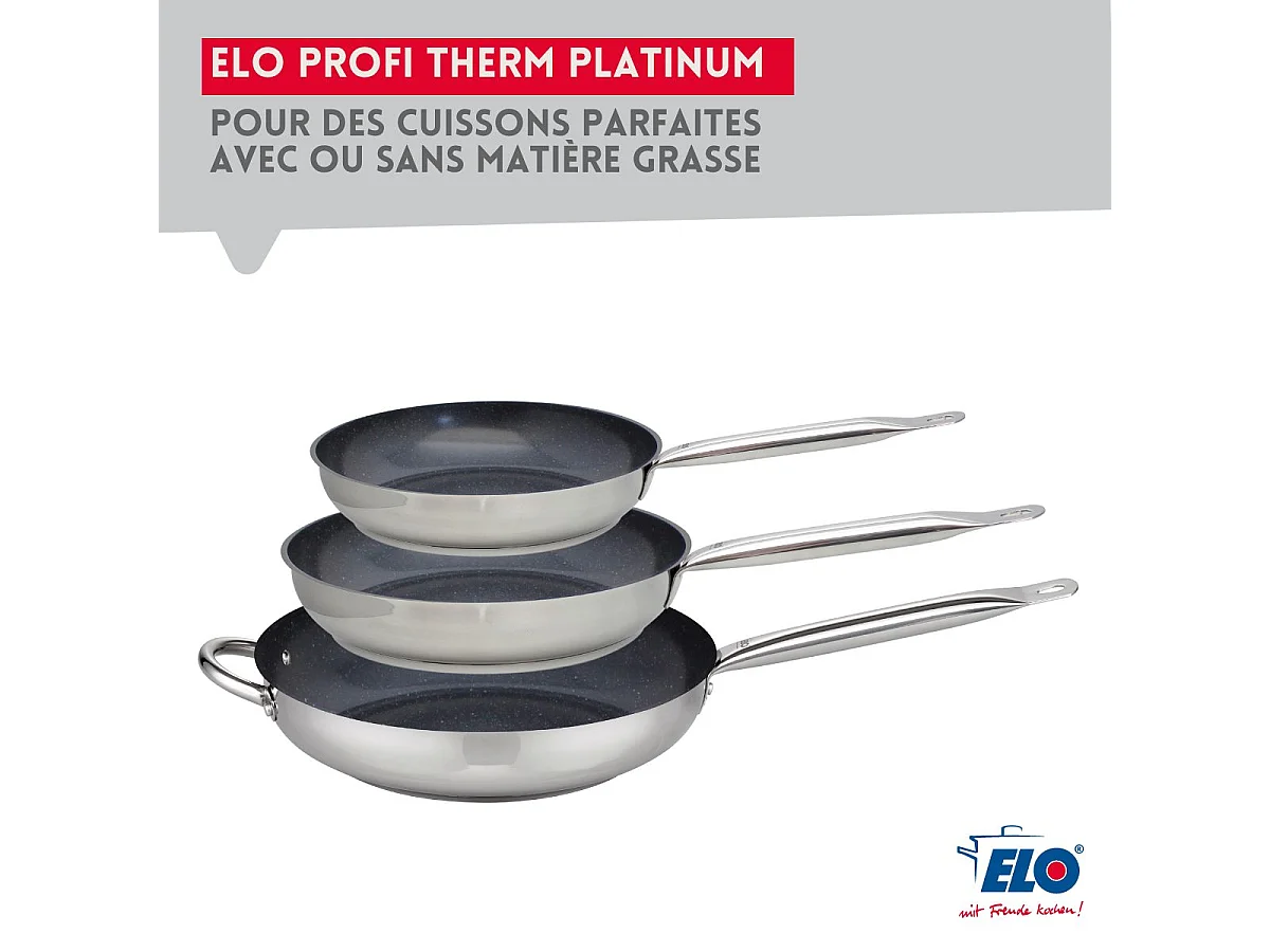 Set aus 3 Edelstahlpfannen 18/10 ELODUR® ohne PFAS Ø24-28-32 cm mit Glasdeckeln – Für alle Herdarten, Induktion, Kapselboden Eco