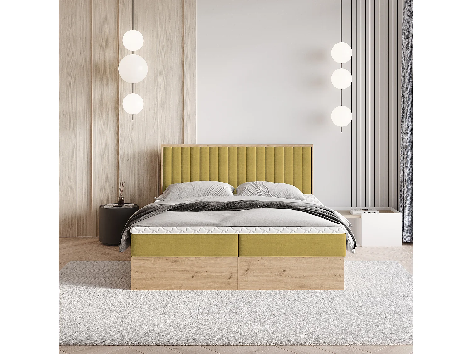 Boxspringbed VARELI 180x200 cm Set met hoofdbord, bedbodem en matras, Geel