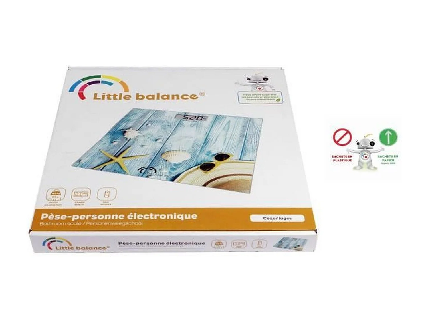 Elektronische weegschaal LITTLE BALANCE 8334 met schelpenmotief, gehard glas, LCD-scherm 7,4x3 cm, capaciteit 180 kg