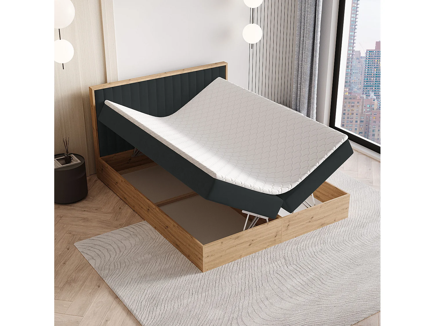 Boxspringbed VARELI 180x200 cm Set met hoofdbord, bedbodem en matras, Zwart