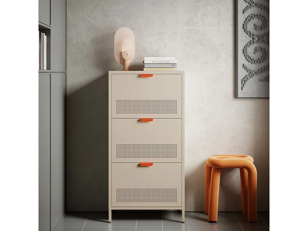 Adel - Meuble à chaussures 3 portes en métal H120cm - Beige