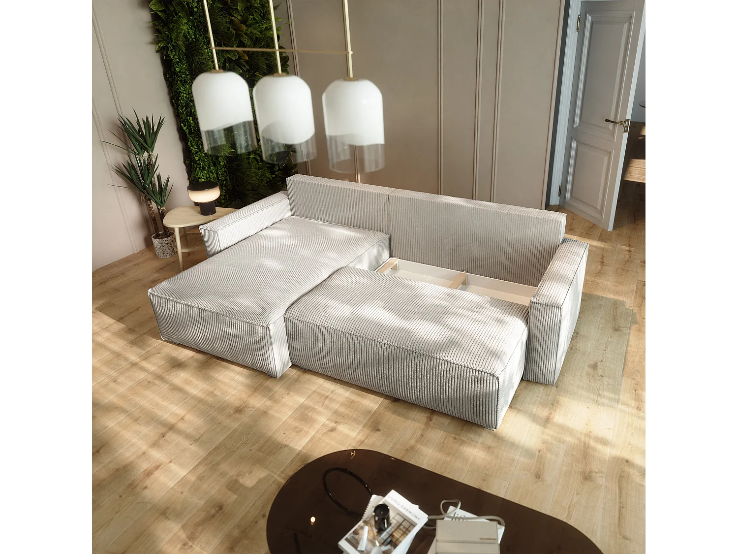 Canapé d'angle BESMIR Crème en velours côtelé avec fonction de couchage