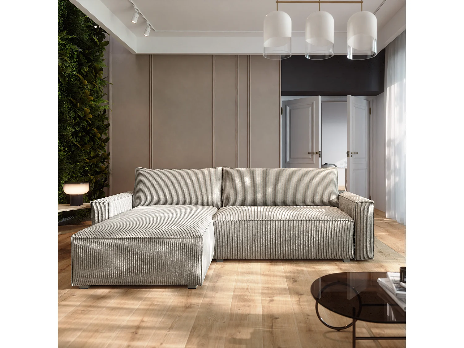 Canapé d'angle BESMIR Crème en velours côtelé avec fonction de couchage