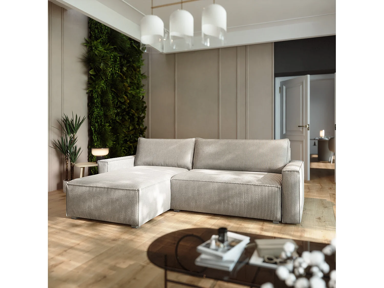 Canapé d'angle BESMIR Crème en velours côtelé avec fonction de couchage