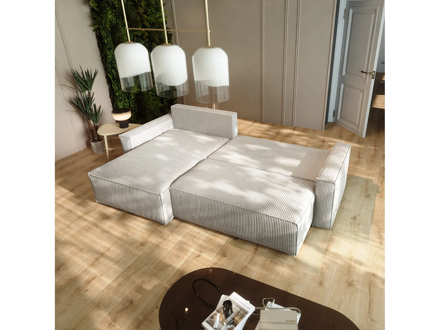 Canapé d'angle BESMIR Crème en velours côtelé avec fonction de couchage