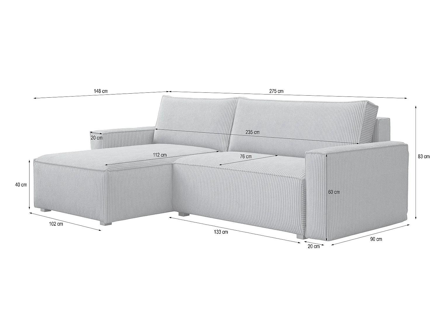 Canapé d'angle BESMIR Crème en velours côtelé avec fonction de couchage