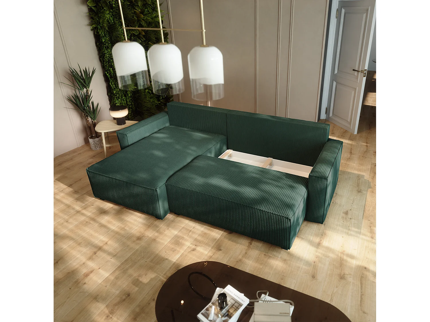 Canapé d'angle BESMIR Vert en velours côtelé avec fonction de couchage