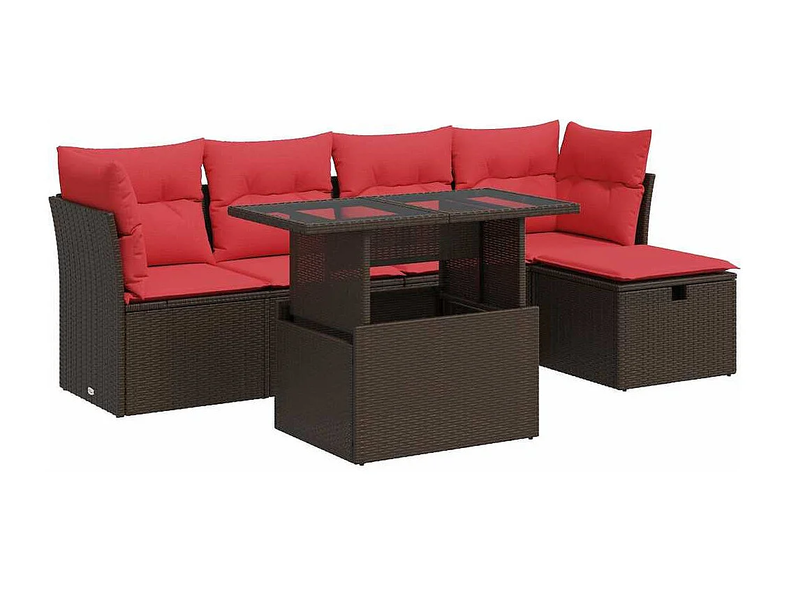 Salon de jardin avec coussins 6pièces marron résine tressée acacia