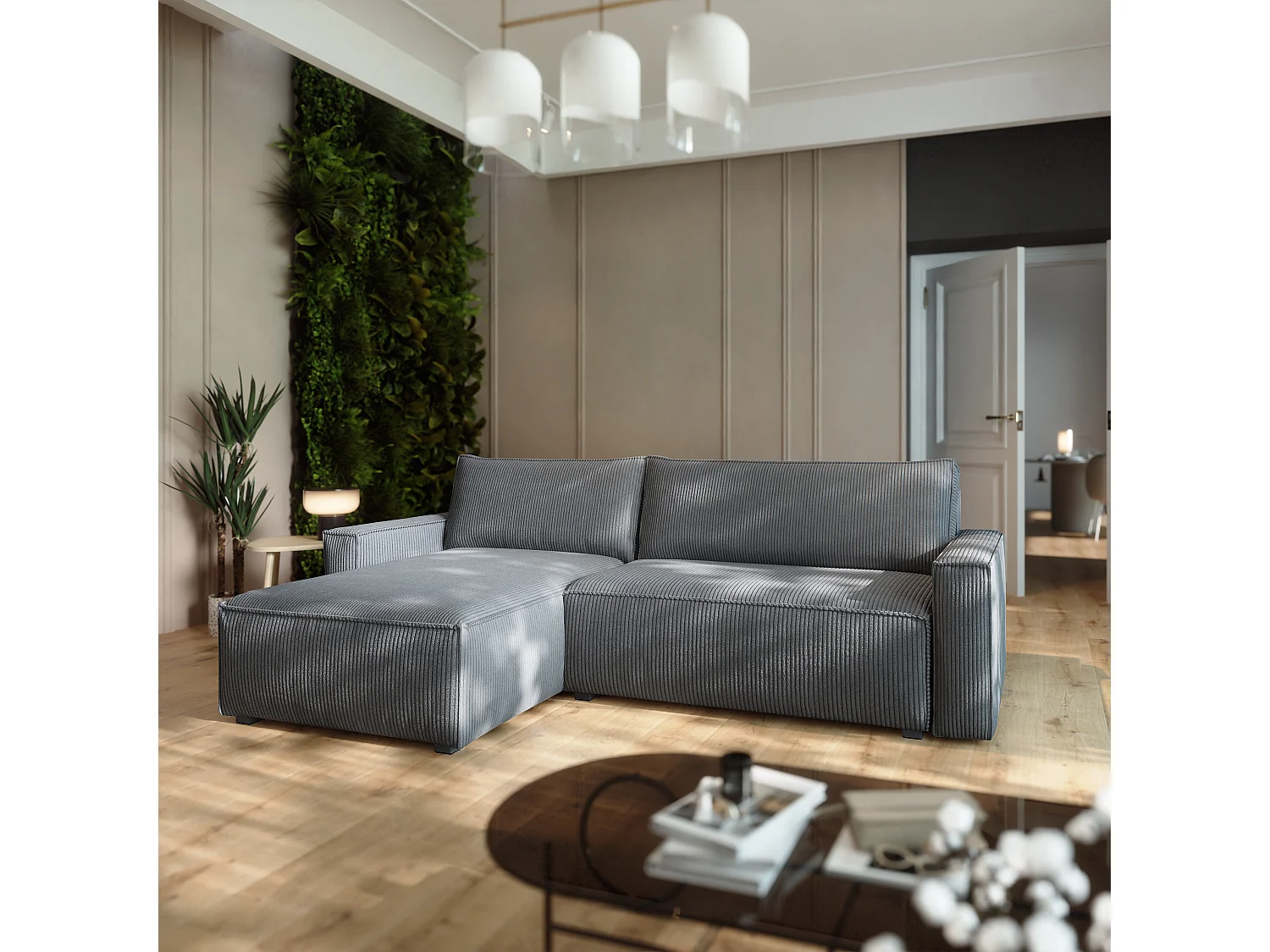 Canapé d'angle BESMIR Gris en velours côtelé avec fonction de couchage