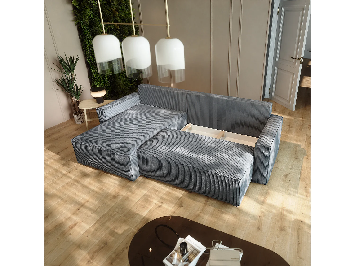 Canapé d'angle BESMIR Gris en velours côtelé avec fonction de couchage