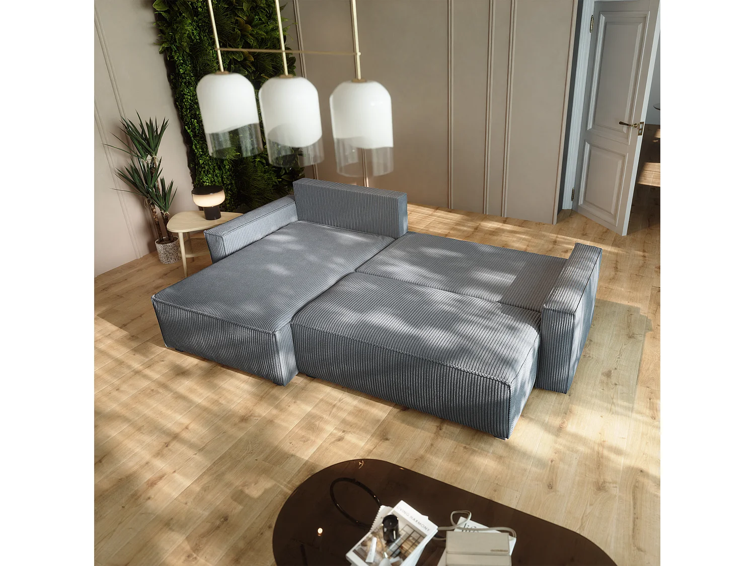 Canapé d'angle BESMIR Gris en velours côtelé avec fonction de couchage