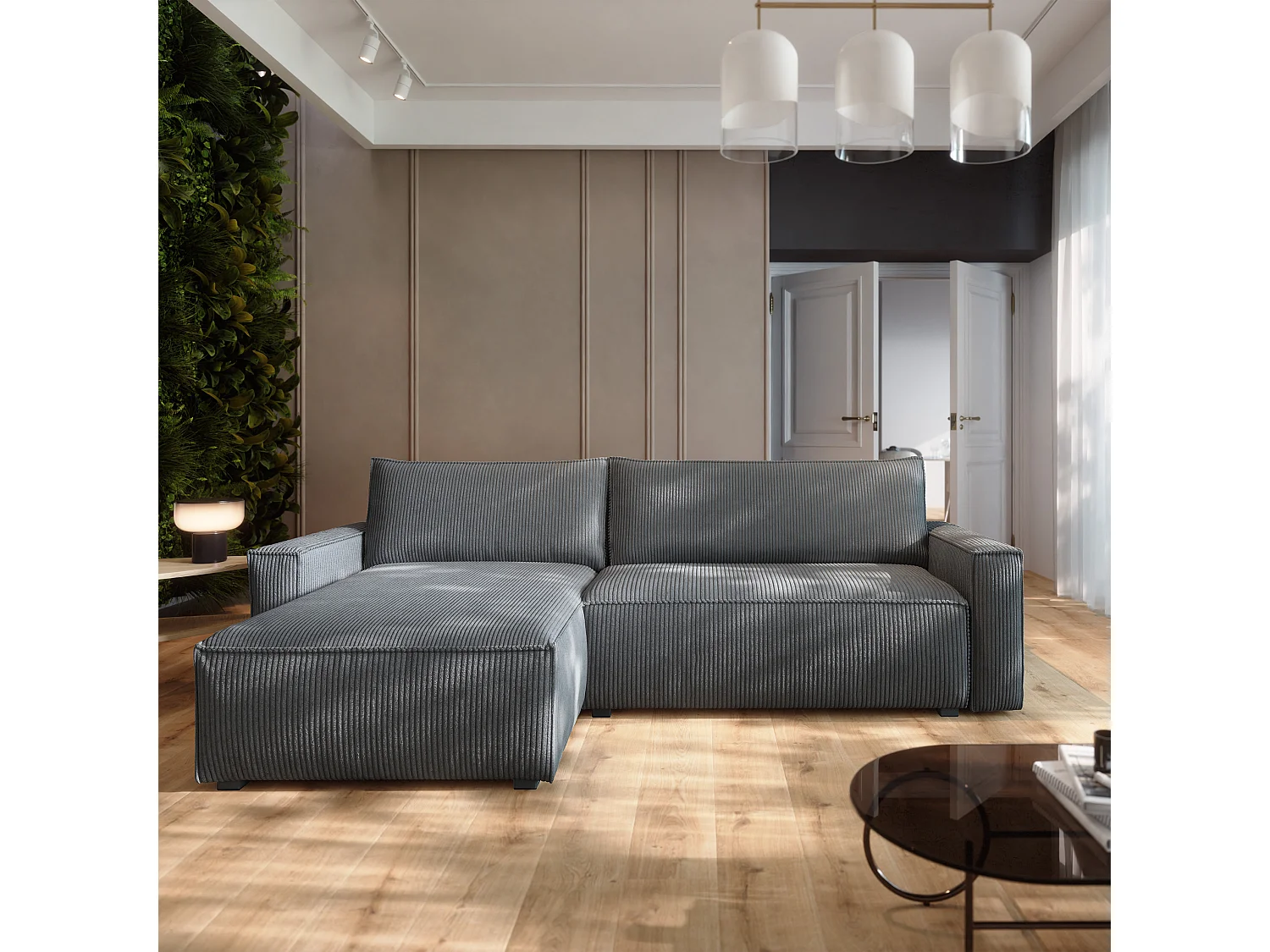 Canapé d'angle BESMIR Gris en velours côtelé avec fonction de couchage