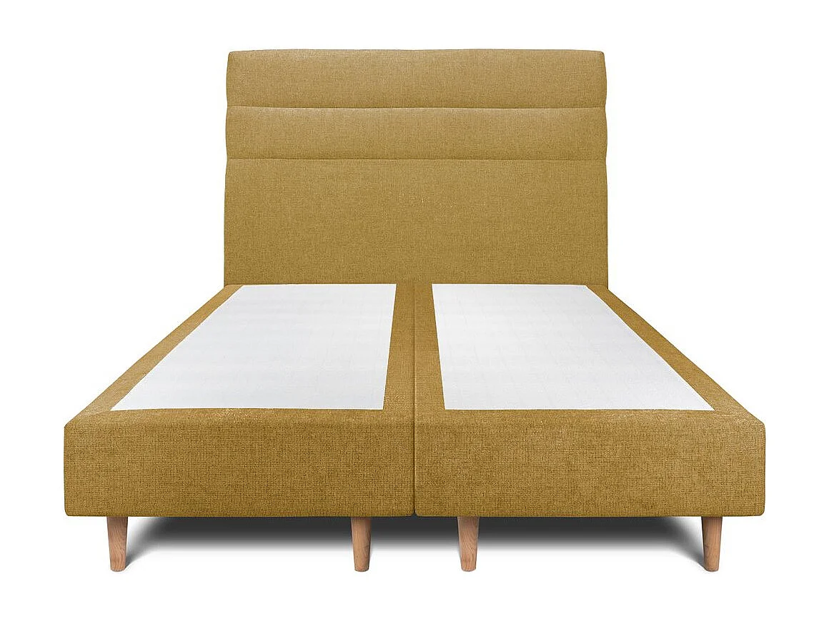 Lit 200x200cm avec tête de lit lignes tissu et double sommier tapissier jaune - Hauteur totale : 35cm