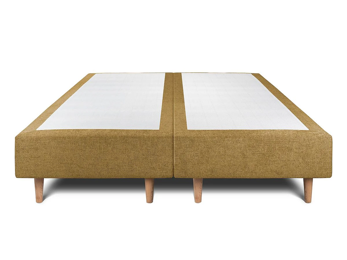 Lit 200x200cm avec tête de lit lignes tissu et double sommier tapissier jaune - Hauteur totale : 35cm