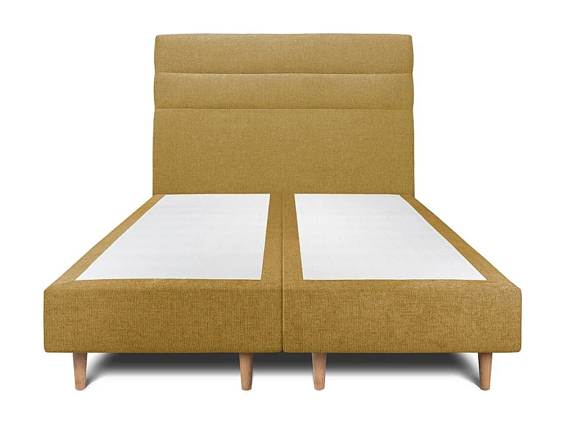 Lit 200x200cm avec tête de lit lignes tissu et double sommier tapissier jaune - Hauteur totale : 35cm