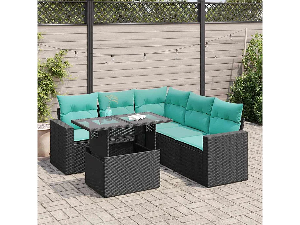 Set sofás jardín y cojines 6 piezas ratán sintético acacia negro