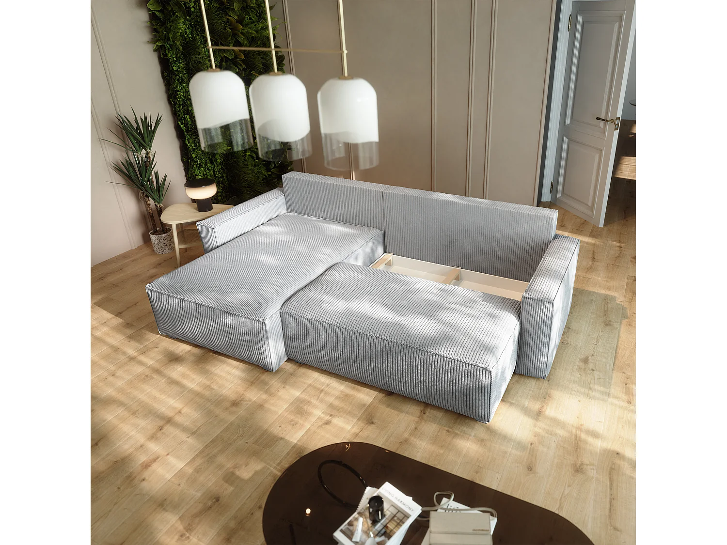 Hoekbank BESMIR van fluweel met slaapfunctie Beige