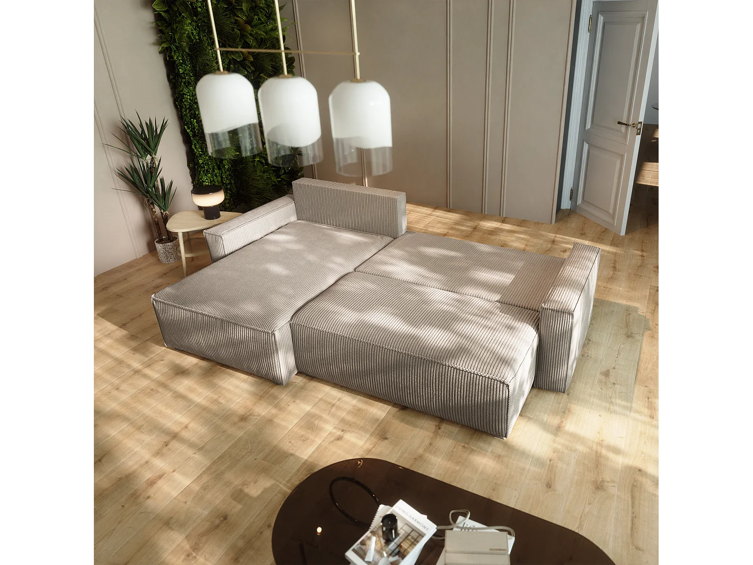 Hoekbank BESMIR van fluweel met slaapfunctie Beige