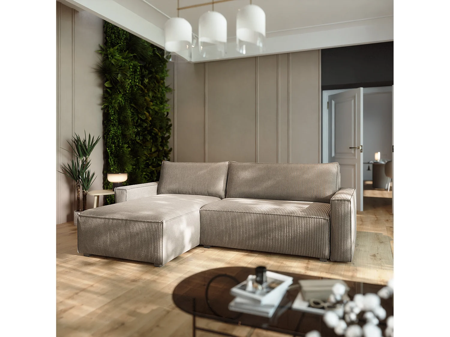 Canapé d'angle BESMIR Beige en velours côtelé avec fonction de couchage