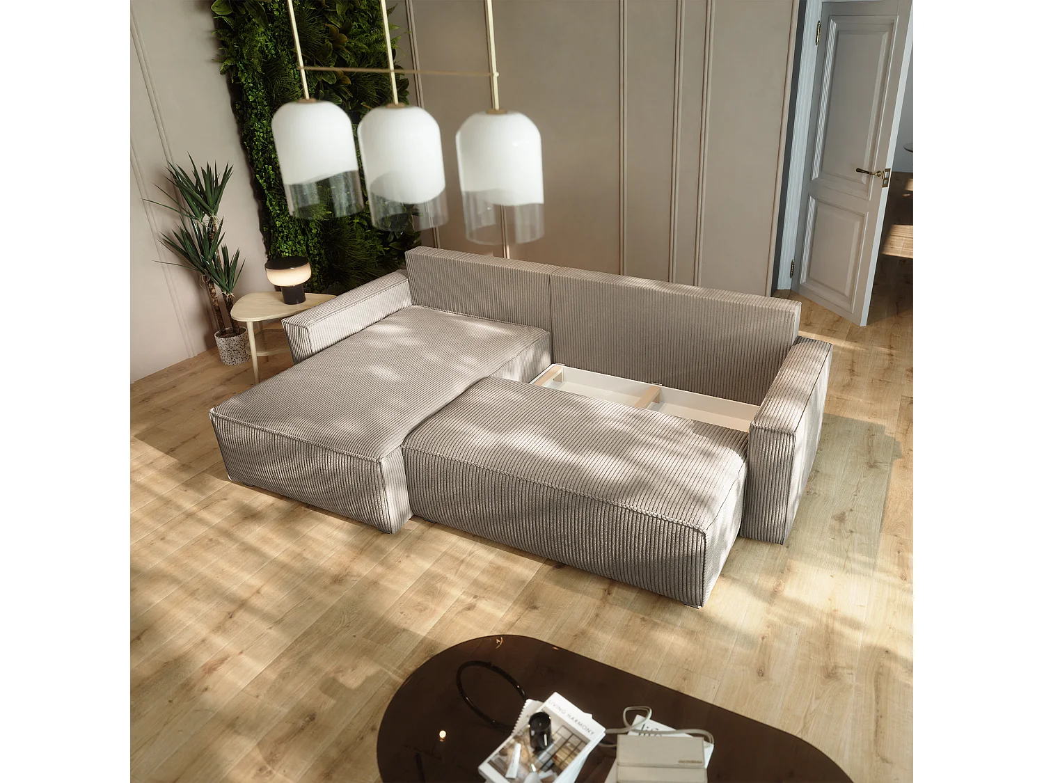 Canapé d'angle BESMIR Beige en velours côtelé avec fonction de couchage