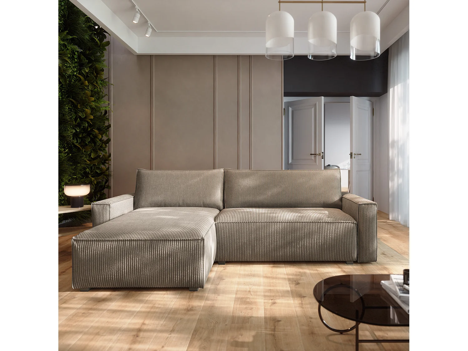 Canapé d'angle BESMIR Beige en velours côtelé avec fonction de couchage