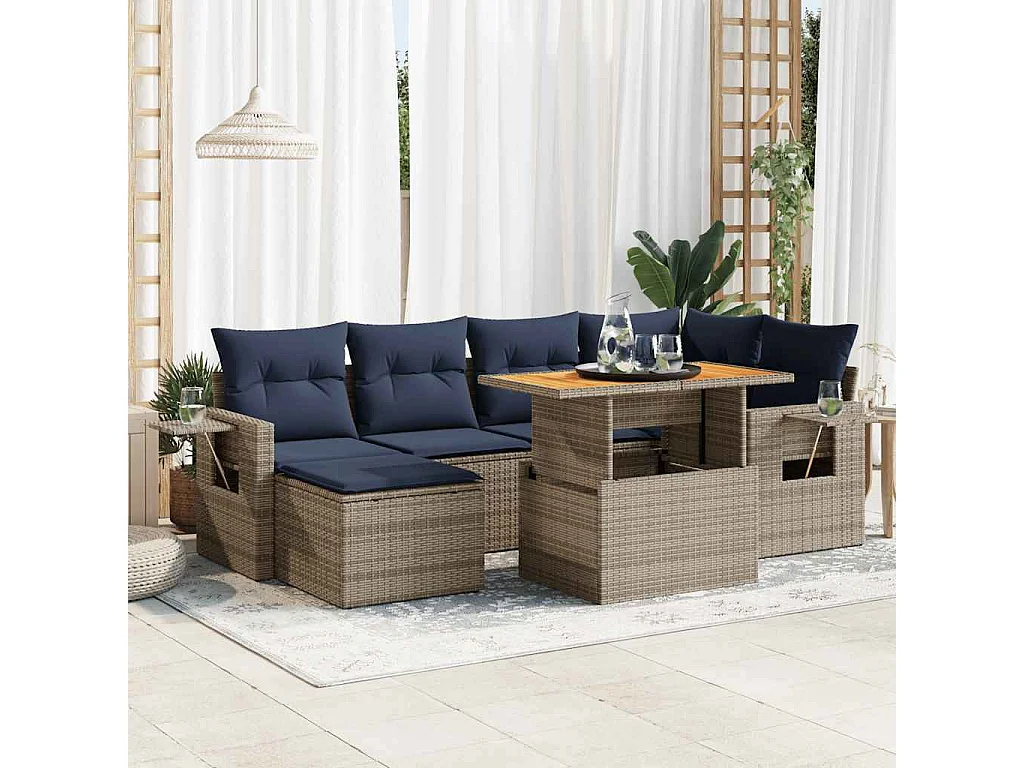 Set de sofás de jardín 7 piezas con cojines ratán sintético gris