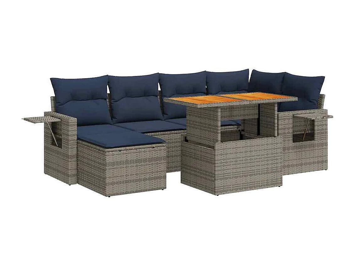 Set de sofás de jardín 7 piezas con cojines ratán sintético gris