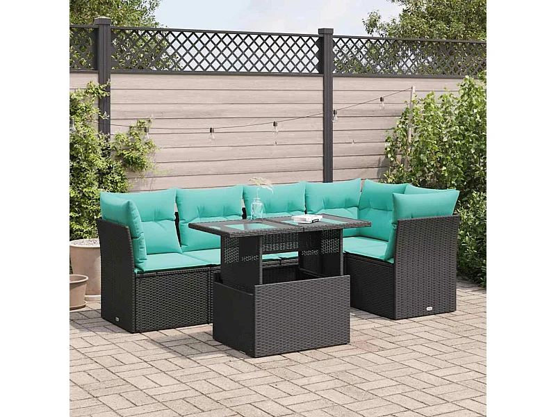 Set sofás jardín y cojines 6 piezas ratán sintético acacia negro