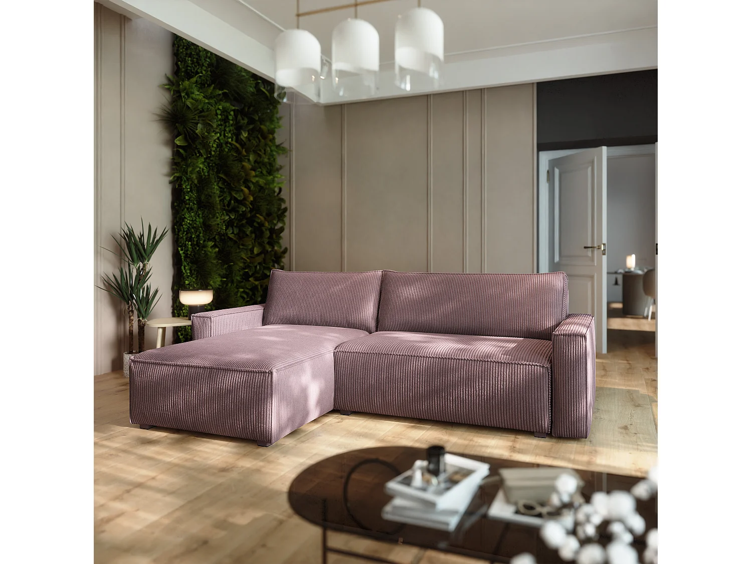 Canapé d'angle BESMIR Violet en velours côtelé avec fonction de couchage