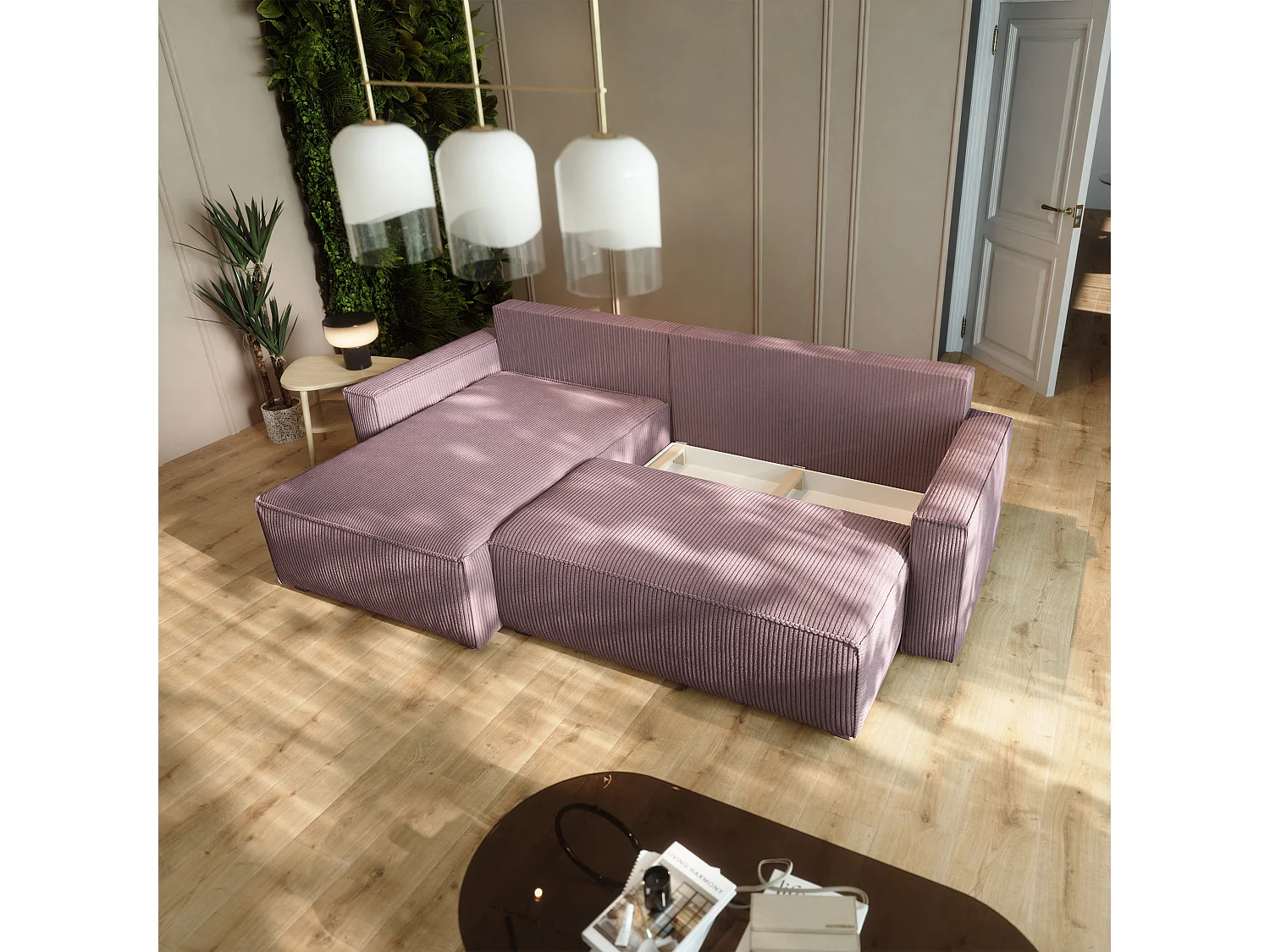 Canapé d'angle BESMIR Violet en velours côtelé avec fonction de couchage