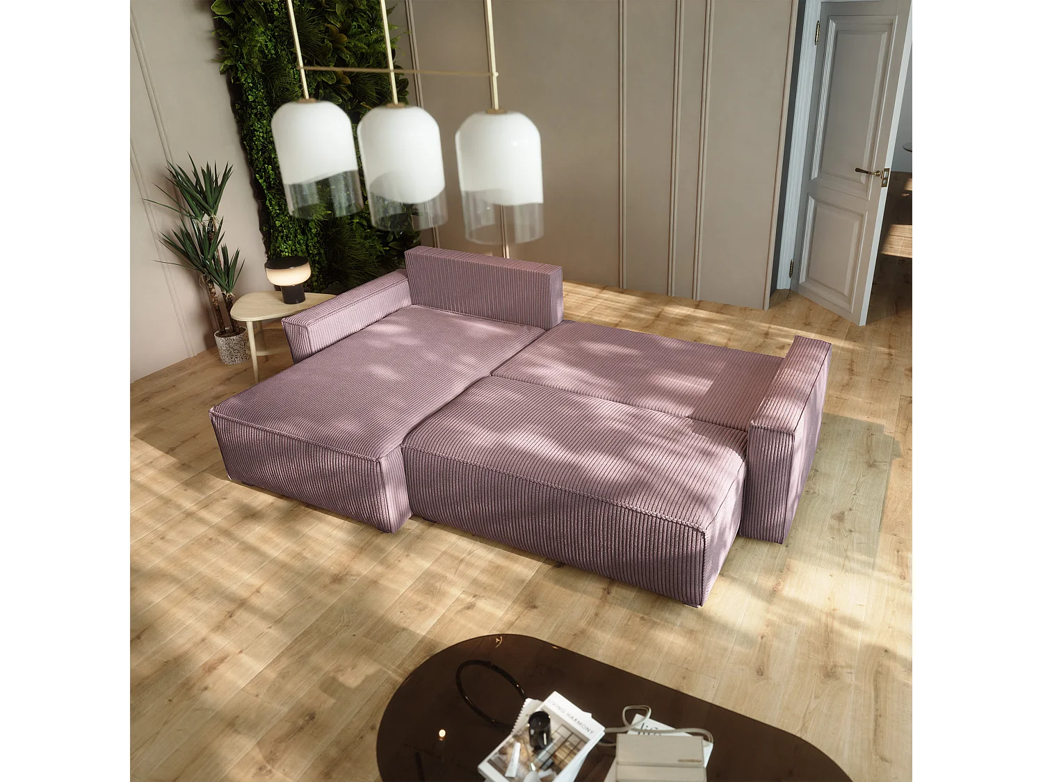Canapé d'angle BESMIR Violet en velours côtelé avec fonction de couchage