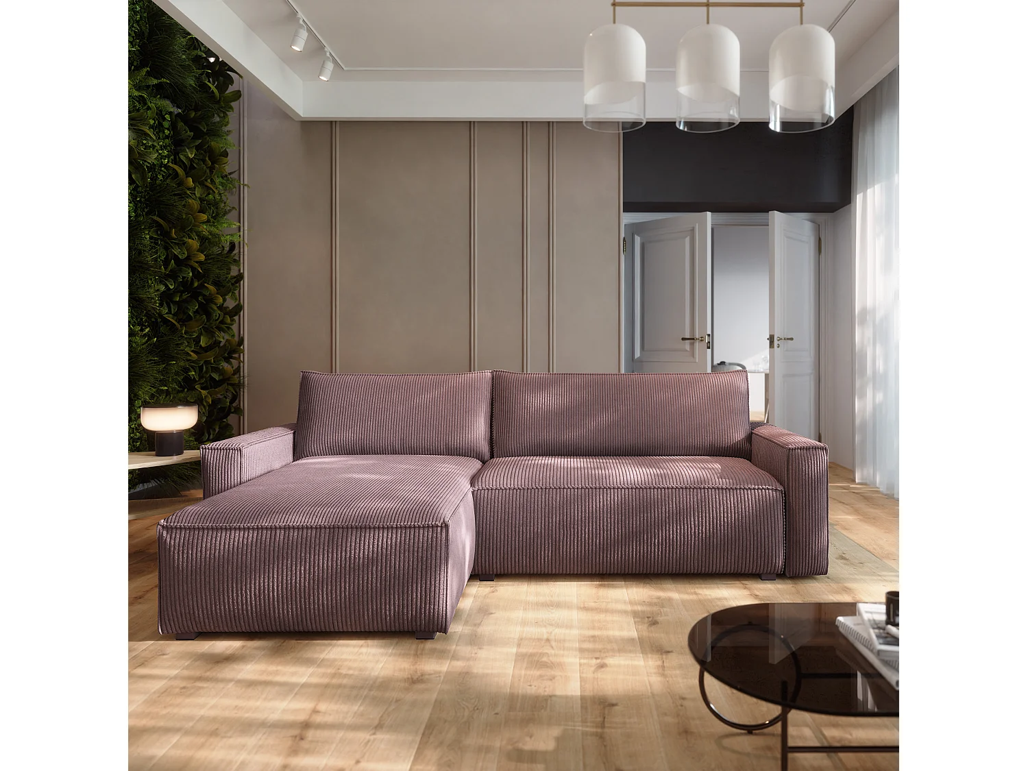 Canapé d'angle BESMIR Violet en velours côtelé avec fonction de couchage