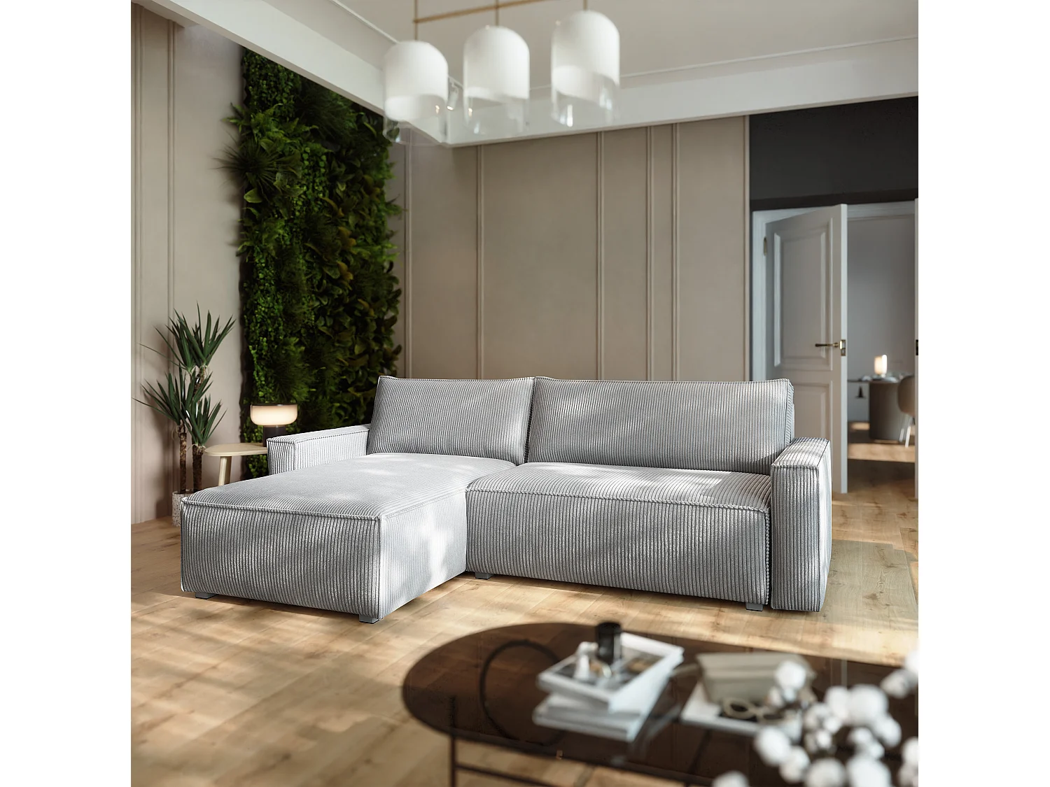 Canapé d'angle BESMIR Gris clair en velours côtelé avec fonction de couchage