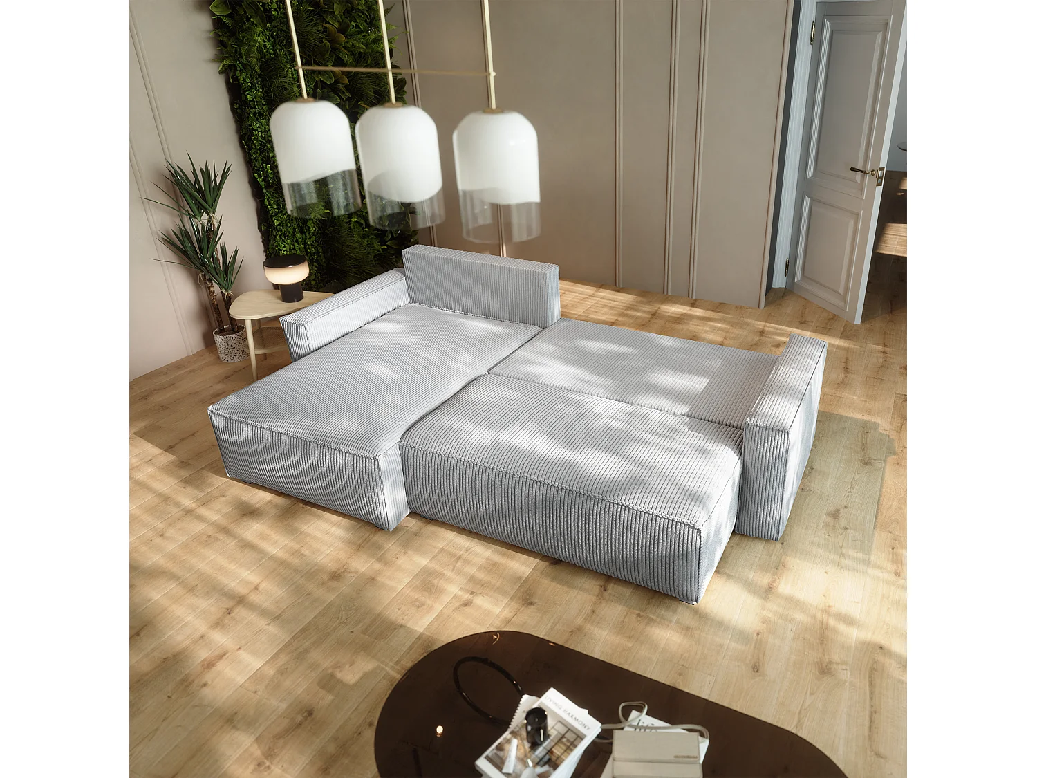 Canapé d'angle BESMIR Gris clair en velours côtelé avec fonction de couchage