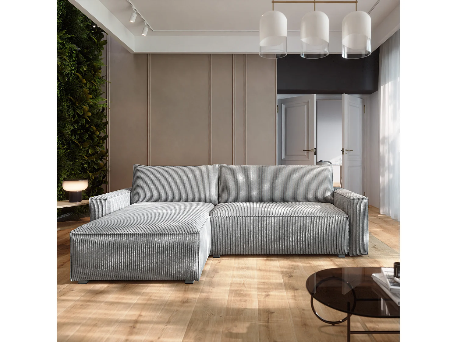 Canapé d'angle BESMIR Gris clair en velours côtelé avec fonction de couchage