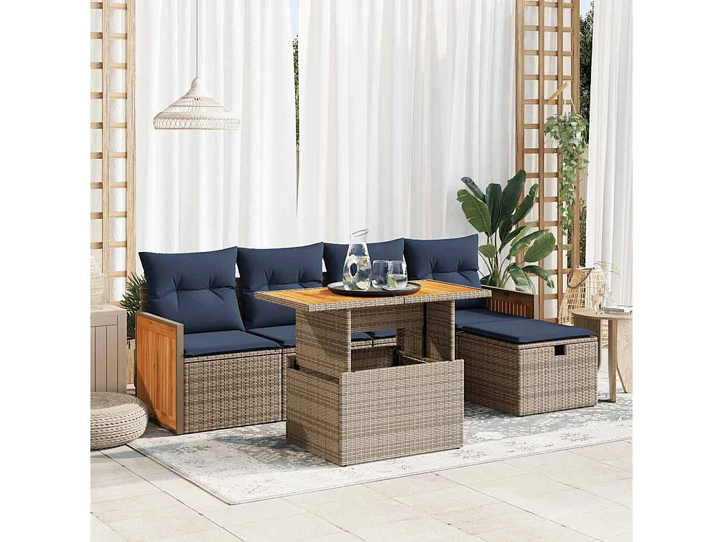 Salon de jardin avec coussins 6 pièces gris résine tressée acacia