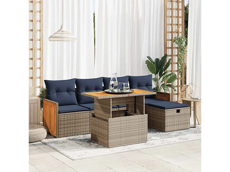 Salon de jardin avec coussins 6 pièces gris résine tressée acacia